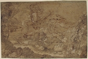 Landscape, Anonymous, French, 17th century, Pen and brown ink touched with Chinese white on tinted paper